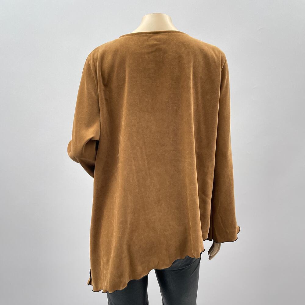 AHNI USA Top Womens 3 / XL Brown Microsuede Artsy Graphic Asymmetrical Hem Boho - Picture 5 of 11